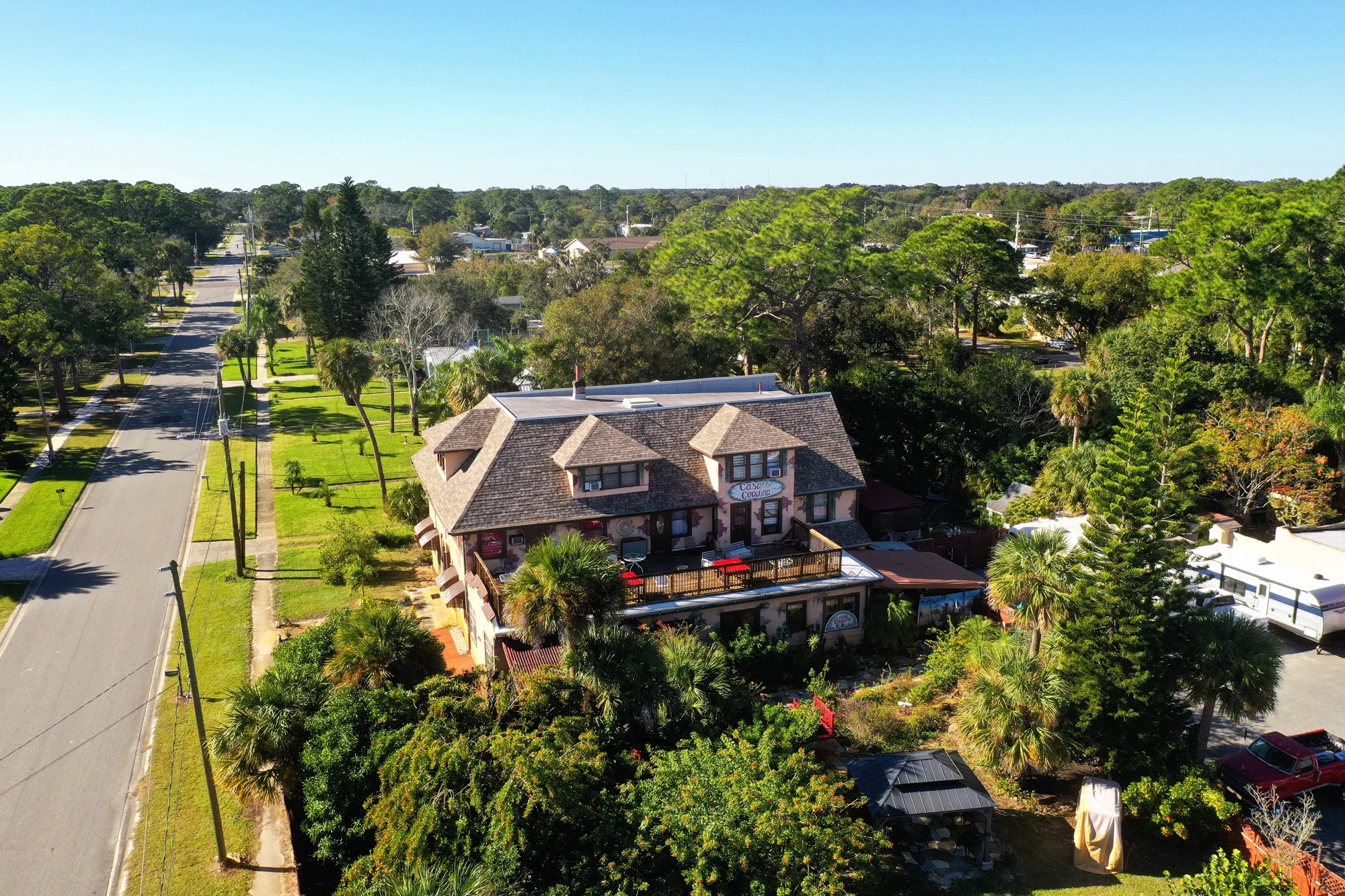 The Casa Coquina three story Bed and Breakfast from an aerial view